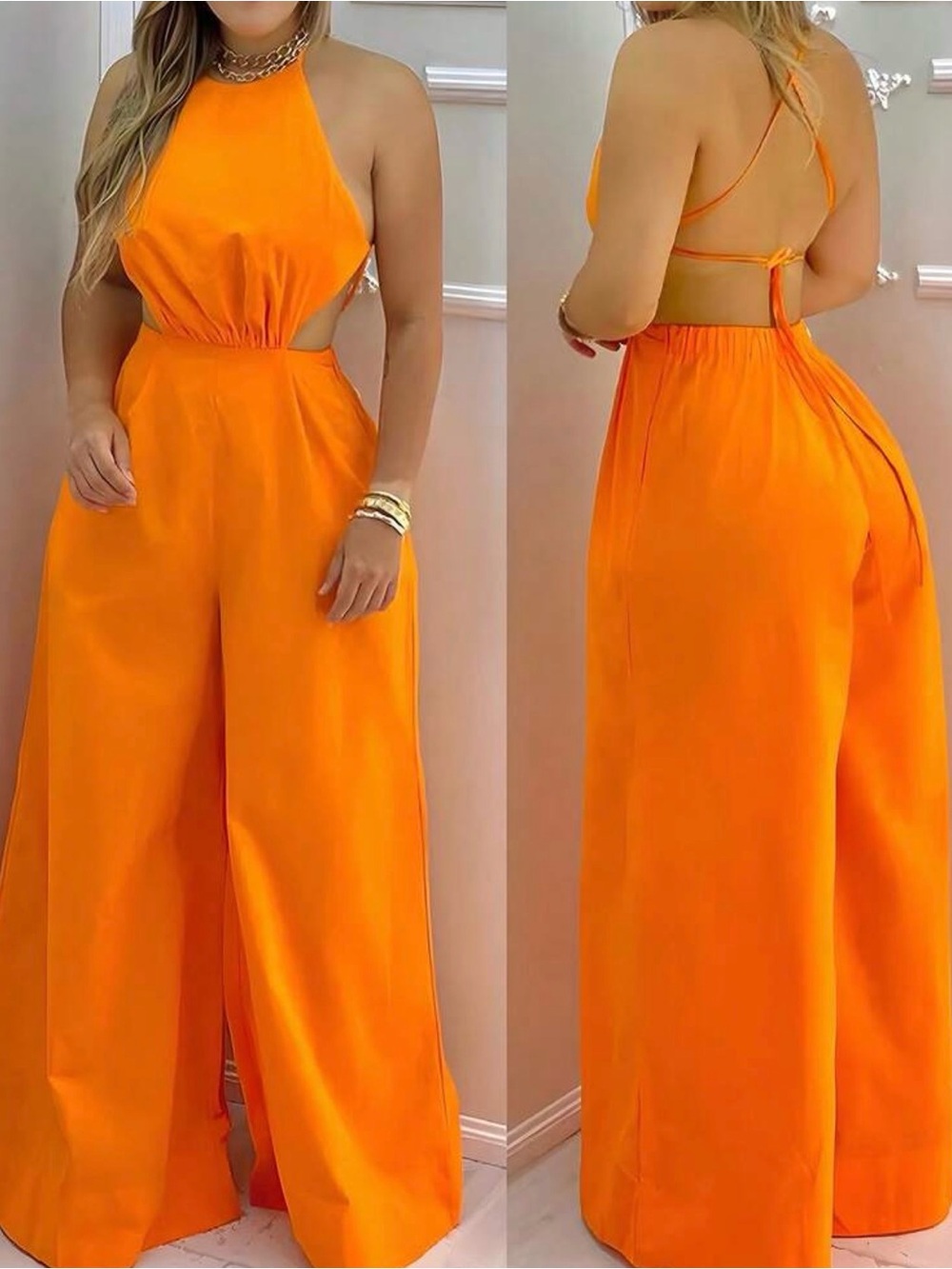 Sleeveless Orange Halter Wide-Leg Jumpsuit